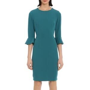 Donna Morgan Dress Bell Sleeve Sheath Knee Length Shaded Spruce Blue Green 6